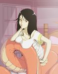  bed bedroom black_hair blonde_hair indoors lamia long_hair looking_at_viewer materclaws monster_girl red_eyes room shirt solo white_shirt 