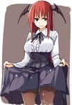  black_legwear blush bow breasts center_frills corset dress dress_lift dress_shirt grin head_wings jitome kamukamu_(ars) koakuma large_breasts long_hair long_sleeves meme_attire pantyhose red_eyes red_hair shirt smile solo touhou very_long_hair virgin_killer_outfit 