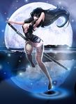  arm_behind_head bangs black_hair blue_eyes breasts cleavage dress dsqk03 fishnet_legwear fishnets full_body hair_between_eyes hand_in_hair holding holding_sword holding_weapon lace large_breasts long_hair looking_at_viewer moon nail_polish night night_sky no_shoes original outdoors reflection ripples sheath sheathed short_dress side_slit sky sleeveless solo sword thighhighs very_long_hair weapon white_nails 