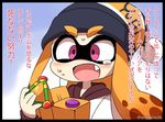  beanie black_border border commentary_request domino_mask eromame fang hat inkling mask orange_hair pink_eyes solo splat_bomb_(splatoon) splatoon_(series) splatoon_1 splattershot_jr_(splatoon) sweat sweatdrop translation_request 