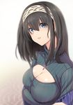  black_hair blue_eyes blush breasts cleavage cleavage_cutout hairband highres idolmaster idolmaster_cinderella_girls jewelry large_breasts lips long_hair long_sleeves looking_at_viewer meme_attire necklace nohito open-chest_sweater ribbed_sweater sagisawa_fumika smile solo sweater turtleneck 