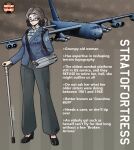 1girl absurdres aircraft airplane american_flag ascot b-52_stratofortress black-framed_eyewear black_shoes blue_jacket bomber collared_shirt commentary english_commentary english_text flag_background glasses grey_ascot grey_hair grey_pants highres holding jacket military_vehicle old old_woman original pandramodo pants personification radiation_symbol raised_eyebrow rectangular_eyewear red_eyes shirt shoes solo standing twitter_username vehicle_and_personification white_shirt 