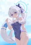  1girl absurdres blue_archive blue_halo blue_one-piece_swimsuit casual_one-piece_swimsuit chinese_commentary commentary_request covered_navel cowboy_shot frilled_one-piece_swimsuit frills halo highres long_hair looking_at_viewer miyako_(blue_archive) miyako_(swimsuit)_(blue_archive) off-shoulder_one-piece_swimsuit off_shoulder official_alternate_costume one-piece_swimsuit ponytail purple_eyes solo swimsuit two-tone_one-piece_swimsuit user_xuzp4842 white_hair white_innertube 