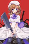  aozora_nan bad_id bad_pixiv_id black_legwear blue_eyes breasts brown_hair dress hat hatchet highres higurashi_no_naku_koro_ni holding holding_weapon medium_breasts open_mouth oriental_hatchet puffy_short_sleeves puffy_sleeves ribbon ryuuguu_rena short_hair short_sleeves smile solo thighhighs weapon 