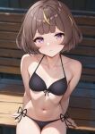  1girl absurdres anya_melfissa bikini black_bikini blonde_hair breasts brown_hair collarbone commentary_request highres hololive hololive_indonesia looking_at_viewer multicolored_hair navel otokucha purple_eyes short_hair side-tie_bikini_bottom small_breasts solo streaked_hair swimsuit virtual_youtuber 