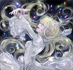  aldnoah.zero arms_up asseylum_vers_allusia bad_id bad_pixiv_id blonde_hair commentary_request dress frilled_sleeves frills green_eyes hands_up ichinose777 long_hair looking_up open_mouth profile solo sparkle white_dress 