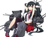  asymmetrical_legwear black_hair breasts exion_(neon) gloves highres kantai_collection large_breasts long_hair looking_at_viewer machinery midriff mouth_hold necktie pleated_skirt ponytail red_eyes red_skirt ribbon ribbon_in_mouth single_thighhigh skirt solo thighhighs very_long_hair white_gloves yahagi_(kantai_collection) 