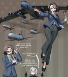  2girls absurdres adjusting_eyewear aircraft airplane american_flag ascot b-52_stratofortress black-framed_eyewear black_gloves black_shoes blue_jacket bomber collared_shirt commentary english_commentary english_text flag_background glasses gloves grey_ascot grey_hair grey_pants hand_up hands_up highres holding jacket military_vehicle missile multiple_girls multiple_views old old_woman original pandramodo pants personification rectangular_eyewear red_eyes shirt shoes short_hair twitter_username v-shaped_eyebrows vehicle_and_personification white_shirt 