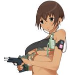  armband bad_id bad_twitter_id bare_shoulders bikini breasts brown_hair camouflage camouflage_bikini cleavage crop_top digital_media_player earbuds earphones fingerless_gloves front-tie_top gloves green_eyes green_gloves gun half_gloves handgun highres ipod ipod_nano iwadamai large_breasts original short_hair simple_background solo swimsuit tank_top underboob upper_body weapon white_background 
