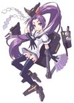  cannon fan floating folding_fan gloves hatsuharu_(kantai_collection) kantai_collection kotentsu long_hair ponytail purple_eyes purple_hair solo thighhighs very_long_hair 