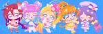 5girls :d :o ;d absurdres ahoge ankle_boots ankle_bow aqua_hair aqua_nails aqua_streaks ascot asymmetrical_bangs asymmetrical_hair bare_shoulders beads beehive_hairdo blonde_hair blue_background blue_eyes blue_sandals blue_streaks blush blush_stickers boots border bow bow_earrings brooch bubble_skirt chibi chibi_only choker circlet clenched_hand closed_mouth clothing_cutout colored_eyelashes commentary crop_top cure_coral cure_flamingo cure_la_mer cure_papaya cure_summer detached_collar detached_sleeves double-parted_bangs double_bun dress earrings elbow_gloves everyone eyelash_ornament eyelashes facial_mark feather_earrings feathers fingerless_gloves fingernails fishnet_thighhighs fishnets flower food-themed_earrings frilled_skirt frills fruit_earrings full_body gloves gradient_hair green_eyes hair_behind_ear hair_between_eyes hair_bobbles hair_bow hair_bun hair_flower hair_intakes hair_ornament hand_on_own_hip hands_up hat hat_ornament heart heart_facial_mark heart_in_eye heart_on_cheek hibiscus high_heel_sandals high_heels highres ichinose_minori impossible_hair index_finger_raised jewelry knees_together_feet_apart laura_la_mer leg_up leg_warmers leggings long_bangs long_hair looking_at_viewer low_twintails magical_girl miniskirt multi-tied_hair multicolored_hair multicolored_skirt multiple_girls multiple_hair_bows nail_polish natsuumi_manatsu navel neckerchief one_eye_closed open_mouth orange_bow orange_eyes orange_hair orange_neckerchief orange_sailor_collar otannu_(bkdenta) outstretched_arms pact_holder patterned_background pink_ascot pink_bow pink_eyes pink_hair pink_sailor_collar pink_streaks pleated_skirt ponytail pouch precure puffy_detached_sleeves puffy_sleeves purple_choker purple_dress purple_eyes purple_hair purple_sailor_collar purple_shoes red_boots red_hair red_skirt red_thighhighs sailor_collar sailor_hat sandals shell_brooch shoes side-by-side side_ponytail skirt sleeveless smile socks standing standing_on_one_leg strapless streaked_hair striped_bow suzumura_sango symbol_in_eye takizawa_asuka teeth thick_eyebrows thighhighs toenail_polish toenails toes train_(clothing) triangle_earrings tropical-rouge!_precure tropical_pact tube_top twintails two-tone_hair two-tone_skirt two-tone_tube_top upper_teeth_only very_long_hair w white_border white_bow white_choker white_gloves white_hat white_leggings white_neckerchief white_shoes white_skirt white_sleeves white_socks wing_hair_ornament yellow_bow yellow_choker yellow_leg_warmers yellow_sailor_collar yellow_skirt 