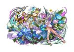  absurdres artist_request blonde_hair blue_flower breasts dress flower freyja_(p&amp;d) gem green_eyes hair_flower hair_ornament highres long_hair medium_breasts official_art open_mouth purple_flower puzzle_&amp;_dragons sandals sitting solo wings 
