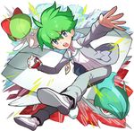  collared_shirt full_body gallade gen_3_pokemon gen_4_pokemon green_hair grey_eyes holding holding_poke_ball jacket jewelry looking_at_viewer mega_gallade mega_pokemon mega_ring mitsuru_(pokemon) necklace open_clothes open_jacket open_mouth outstretched_arm outstretched_hand pants pendant poke_ball pokemon pokemon_(creature) pokemon_(game) pokemon_oras ralts red_eyes saitou_naoki shirt shoes white_footwear white_shirt 