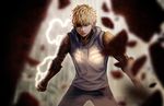  arasdel black_sclera blonde_hair clenched_hand cyborg destruction electricity genos glowing hood hoodie male_focus one-punch_man rubble solo yellow_eyes 