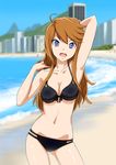  beach bikini blue_eyes brown_hair day idolmaster idolmaster_million_live! kakaoro_kuji long_hair solo standing swimsuit tokoro_megumi 