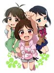  2girls akizuki_ryou antenna_hair bad_id bad_twitter_id black_hair brown_eyes brown_hair dearly_stars dress hair_ornament hairclip hidaka_ai hiiringu idolmaster idolmaster_dearly_stars mizutani_eri multiple_girls otoko_no_ko short_hair 