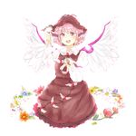  :d animal_ears bad_id bad_pixiv_id bird bird_on_hand brown_dress dress eurasian_tree_sparrow flower frilled_dress frills hat honi mystia_lorelei open_mouth pink_eyes pink_hair short_hair sitting smile solo sparrow teeth touhou winged_hat wings 
