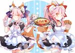  ;d alternate_costume animal_ears apron bow enmaided fate/extra fate/grand_order fate_(series) food fox_ears fox_shadow_puppet gloves hair_bow heart highres maid multiple_girls omurice one_eye_closed open_mouth paw_gloves paws pink_hair ponytail puyue smile tamamo_(fate)_(all) tamamo_cat_(fate) tamamo_no_mae_(fate) teapot thighhighs tray two_side_up white_gloves yellow_eyes zettai_ryouiki 