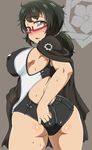  :&lt; adjusting_clothes adjusting_swimsuit ass blue_eyes blush breasts cape competition_swimsuit covered_nipples full-face_blush girls_und_panzer glasses green_hair highres kani_club large_breasts long_hair looking_at_viewer looking_back messy_hair one-piece_swimsuit oryou_(girls_und_panzer) parted_lips ponytail red-framed_eyewear solo sweat swimsuit thighs triangle_mouth wedgie 