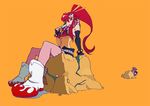  2boys bikini_top boots breasts fingerless_gloves food foreshortening gloves hair_ornament kamina large_breasts long_hair mikiti multiple_boys orange_background pink_legwear ponytail popsicle red_hair rock scarf simon sitting skull_hair_ornament sunglasses tengen_toppa_gurren_lagann thighhighs yoko_littner 