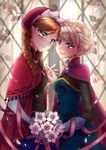  absurdres anna_(frozen) blonde_hair blue_eyes blush bouquet braid brown_hair cape capelet elsa_(frozen) flower frozen_(disney) hat highres interlocked_fingers kokuchuutei long_hair multiple_girls petals ribbon short_hair siblings sisters smile twin_braids yuri 