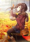  :t autumn autumn_leaves bag bangs black_gloves black_legwear boots boyano brown_footwear brown_hair coat eating eyebrows_visible_through_hair falling_leaves food food_on_face from_side gloves hands_up highres holding holding_food holding_leaf kneehighs leaf long_hair long_sleeves original outdoors pantyhose plaid plaid_scarf plaid_skirt pleated_skirt scarf shoulder_bag sitting skirt solo sweet_potato tree tree_stump wind 