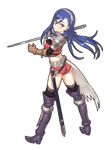  armor ass blue_hair boots crop_top floating_hair full_body gloves hairband himeou_to_saigo_no_kishidan long_hair looking_at_viewer looking_back midriff official_art purple_eyes robin_(himeou_to_saigo_no_kishidan) shoe-ji short_shorts shorts smile solo sword thigh_boots thighhighs transparent_background weapon 