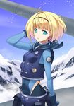  adjusting_hair ahoge aqua_eyes arm_up belt belt_pouch blonde_hair bob_cut bodysuit day flat_chest gloves hairband heavy_object inue_shinsuke looking_back milinda_brantini mountain official_art outdoors pouch short_hair skin_tight sky snow solo standing turtleneck vest 