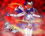  :d armor belt blue_gloves bodysuit breasts cowboy_shot creature fangs flying foreshortening gloves heart helmet heterochromia kaeru_boiler kamen_rider kamen_rider_dcd kamen_rider_kivala kivala medium_breasts motion_blur open_mouth outstretched_arms red_eyes silver_eyes skin_tight smile standing 