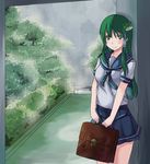  alternate_costume arcadia090 green_hair highres kochiya_sanae long_hair rain ribbon school_uniform serafuku solo touhou 