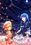  blonde_hair bow bowtie elbow_gloves frederica_bernkastel full_moon gloves hair_bow hikariz lambdadelta long_hair moon multiple_girls night petals purple_eyes red_eyes short_hair umineko_no_naku_koro_ni 