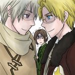  america_(hetalia) axis_powers_hetalia glare glaring glasses lithuania_(hetalia) nervous russia_(hetalia) sweat 