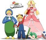  animal_costume ario blonde_hair bow cosplay crossover dress elbow_gloves gloves green_eyes green_hair horn hoshiguma_yuugi ikenai_kinoko kisume koopa_clown_car kurodani_yamame long_hair luigi luigi_(cosplay) mario mario_(cosplay) mario_(series) mizuhashi_parsee mother_(game) mother_2 multiple_girls overalls penguin_costume pink_dress princess_peach princess_peach_(cosplay) red_eyes short_hair super_mario_bros. toad toad_(cosplay) touhou twintails 