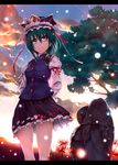  arms_behind_back bad_id bad_pixiv_id blue_eyes flower green_hair hat jizou letterboxed shiki_eiki short_hair solo spider_lily takemori_shintarou touhou tree 