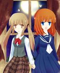  blue_eyes brown_eyes brown_hair fang multiple_girls short_hair twintails umineko_no_naku_koro_ni ushiromiya_eva ushiromiya_rosa younger 