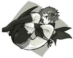  animal_ears blush boots breasts copyright_request fetal_position full_body large_breasts lying monochrome plantar_flexion rumie short_hair sketch solo spandex tail wings 