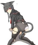  all_fours animal_ears ass black_hair braid cat_ears cat_tail crotch_seam from_behind nabeshima_tetsuhiro no_pants original panties panties_under_pantyhose pantyhose red_eyes school_uniform short_hair simple_background solo tail torn_clothes torn_legwear twin_braids underwear 