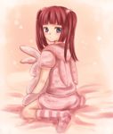  blue_eyes hair_bobbles hair_ornament maekawa_suu red_hair socks solo stuffed_animal stuffed_bunny stuffed_toy twintails umineko_no_naku_koro_ni ushiromiya_ange younger 