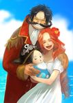  2boys baby black_hair facial_hair family flower freckles gol_d_roger good_end grin hair_flower hair_ornament happy hat hibiscus kny_(puranaria002) long_hair multiple_boys mustache one_piece portgas_d_ace portgas_d_rouge red_hair smile spoilers what_if younger 