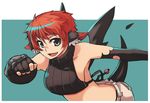  animal_ears blue_eyes breasts copyright_request elbow_gloves fang fingerless_gloves gloves large_breasts midriff monster_girl red_hair rumie short_hair shorts smile solo tail tank_top wings 