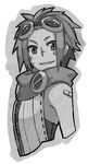  bandaid bandaid_on_face bandaid_on_shoulder cropped_arms cropped_torso goggles goggles_on_head greyscale grin mafin monochrome original rumie scarf short_hair smile solo upper_body 