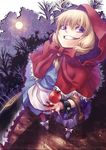  apple blood bow chain cuffs food fruit full_moon grimm's_fairy_tales grin highres hood hyuuga_azuri little_red_riding_hood little_red_riding_hood_(grimm) moon night purple_eyes smile solo weapon 