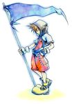  1boy brown_hair child eyes_closed fingerless_gloves flag gloves hand_in_pocket hood kingdom_hearts male male_focus official_art solo sora sora_(kingdom_hearts) spiked_hair standing 