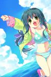  bikini clannad day dutch_angle green_hair hood hoodie ibuki_fuuko jacket long_hair open_mouth sandals satomi_yoshitaka solo striped striped_bikini swimsuit yellow_eyes 