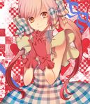  bad_id bad_pixiv_id bow checkered dress gloves hair_bow hands_clasped long_hair macco orange_eyes original own_hands_together pink_hair plaid smile solo twintails 