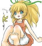 bad_feet bad_id bad_pixiv_id banana_peel barefoot blonde_hair bloomers blue_eyes blush child feet korropan long_hair open_mouth ponytail red_skirt ribbon rockman rockman_(classic) roll sitting skirt soles solo toes translated underwear 