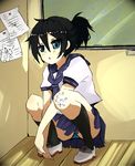  bad_id bad_pixiv_id bandages black_hair black_rock_shooter black_rock_shooter_(character) blue_eyes blue_panties cameo chalkboard hatsune_miku kermis kuroi_mato open_mouth panties pantyshot pantyshot_(squatting) ponytail school_uniform serafuku short_hair skirt socks solo squatting striped striped_panties twintails underwear vocaloid 