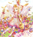  angel_wings anko_kinako bare_shoulders bird blonde_hair bow colorful cross crown dress easter easter_egg egg green_eyes long_hair original sitting smile solo wings 