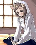  animal_ears bad_id bad_pixiv_id blush brown_eyes brown_hair cat cat_ears copyright_request hood long_hair lowres morihito oekaki sitting solo tail 