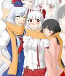  annoyed arm_grab blush closed_eyes fujiwara_no_mokou happy houraisan_kaguya jealous kamishirasawa_keine multiple_girls neko_majin nervous ribbon scarf shared_scarf touhou zoom_layer 